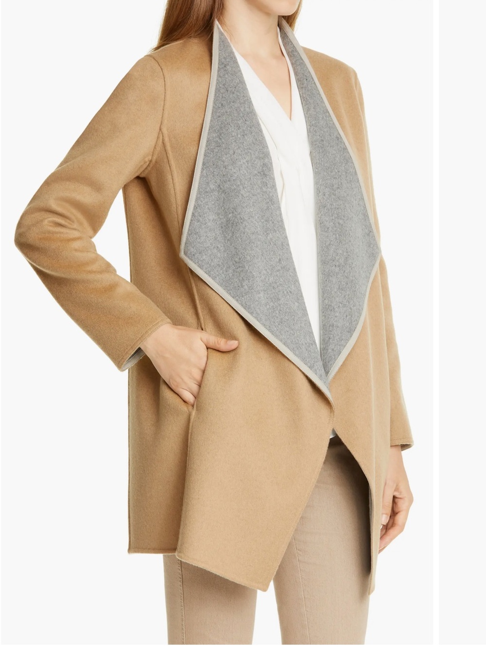 Lafayette 148 New York Gray and Camel Reversible Cashmere Wool Blend Coat